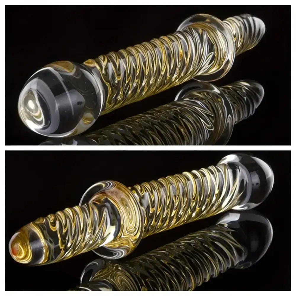 Golden pattern glass dildo with handle, photo 4