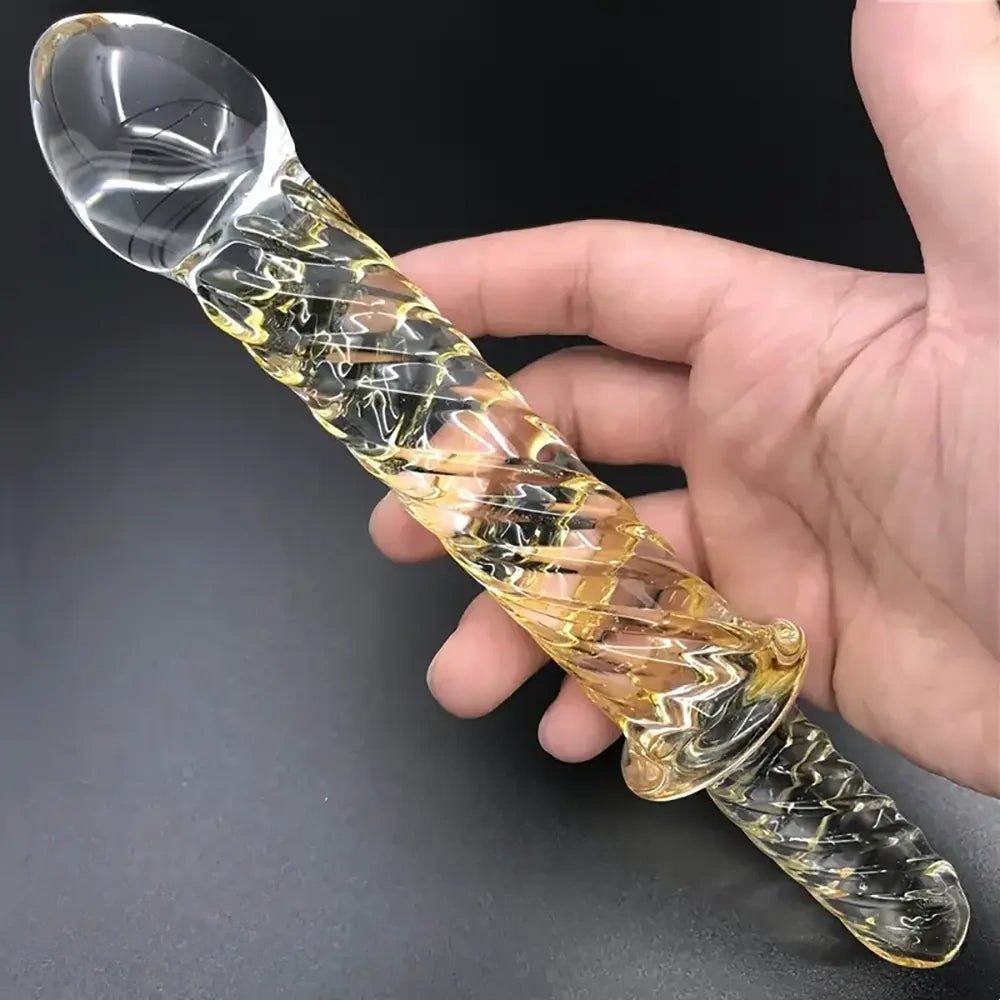 Golden pattern glass dildo with handle, photo 6