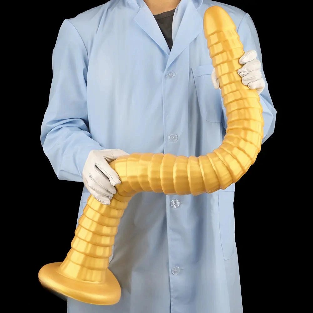 Gold ribbed silicone giant dildo, photo 3