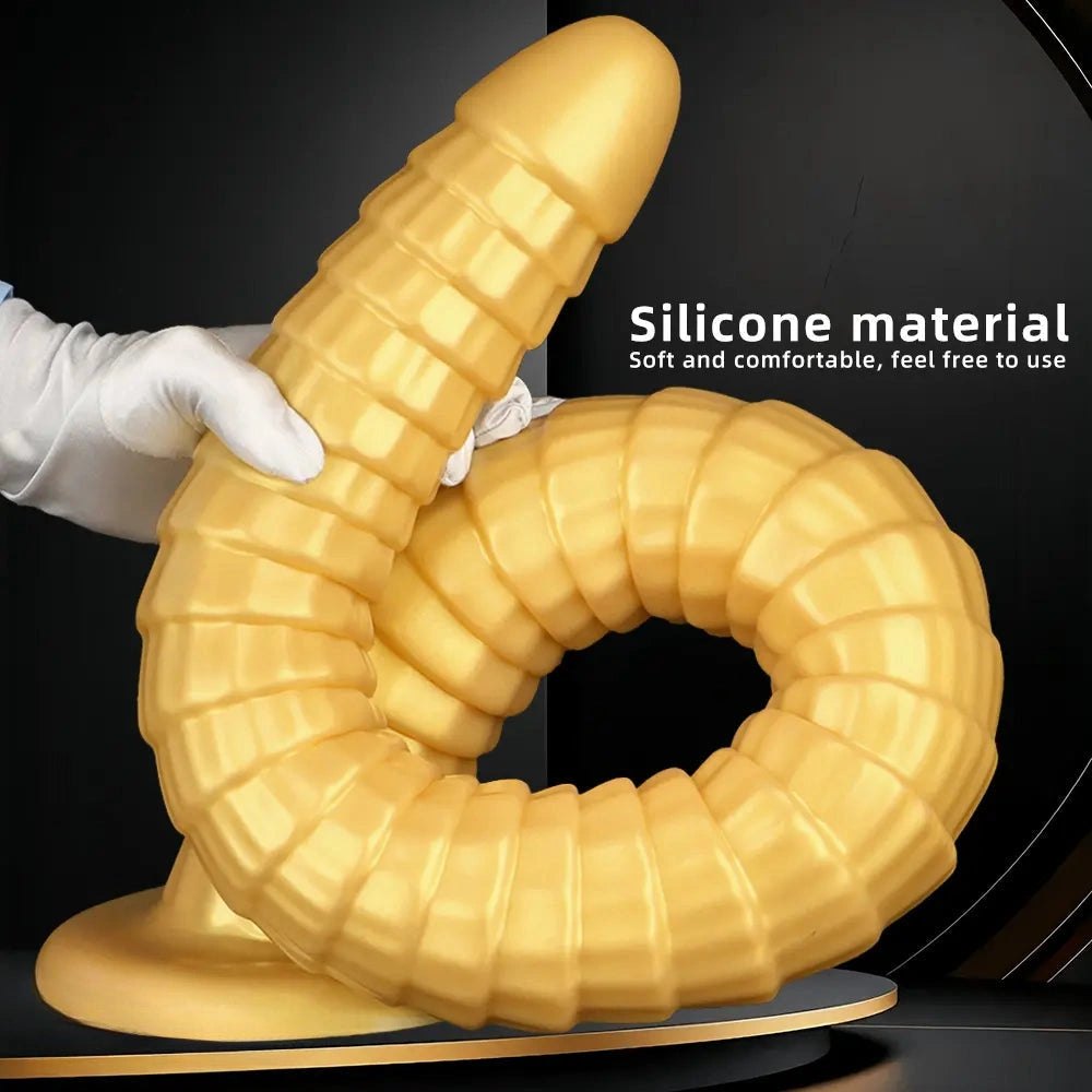 Gold ribbed silicone giant dildo, photo 4
