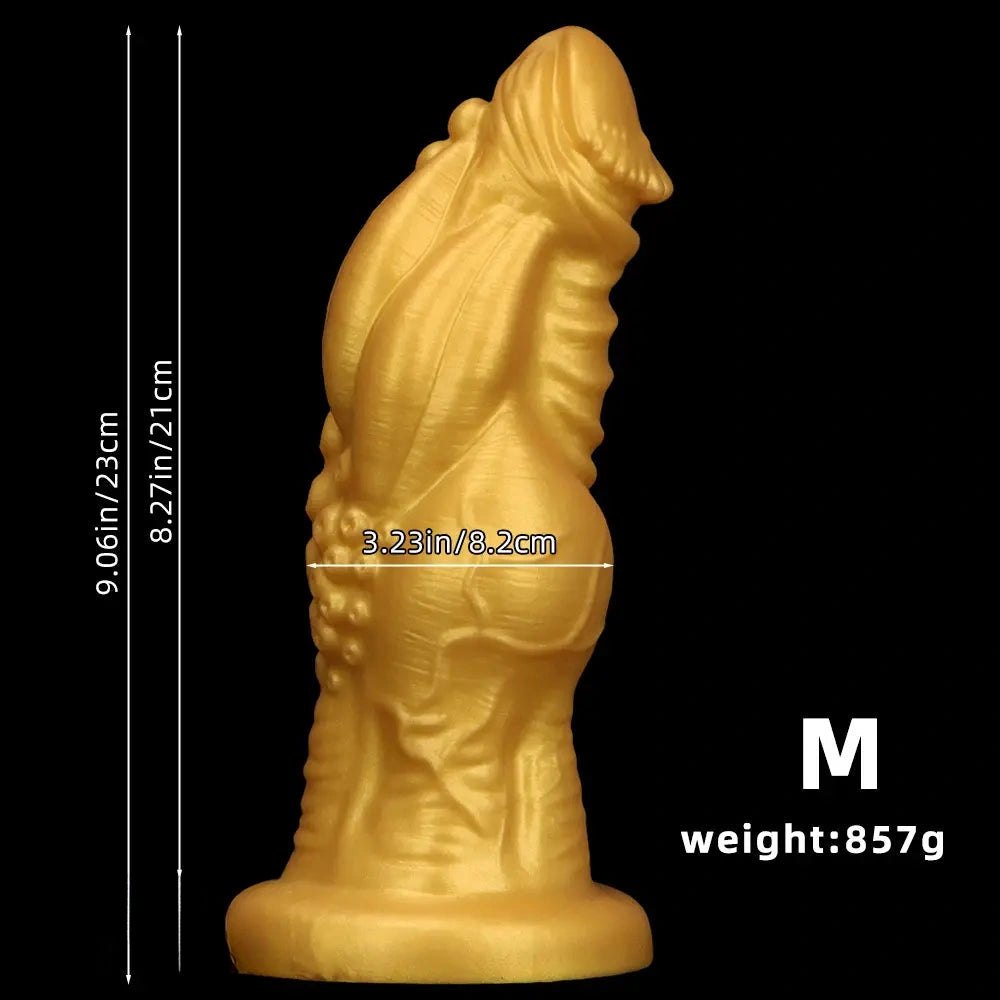 Gold ribbed silicone fantasy dildo, photo 10