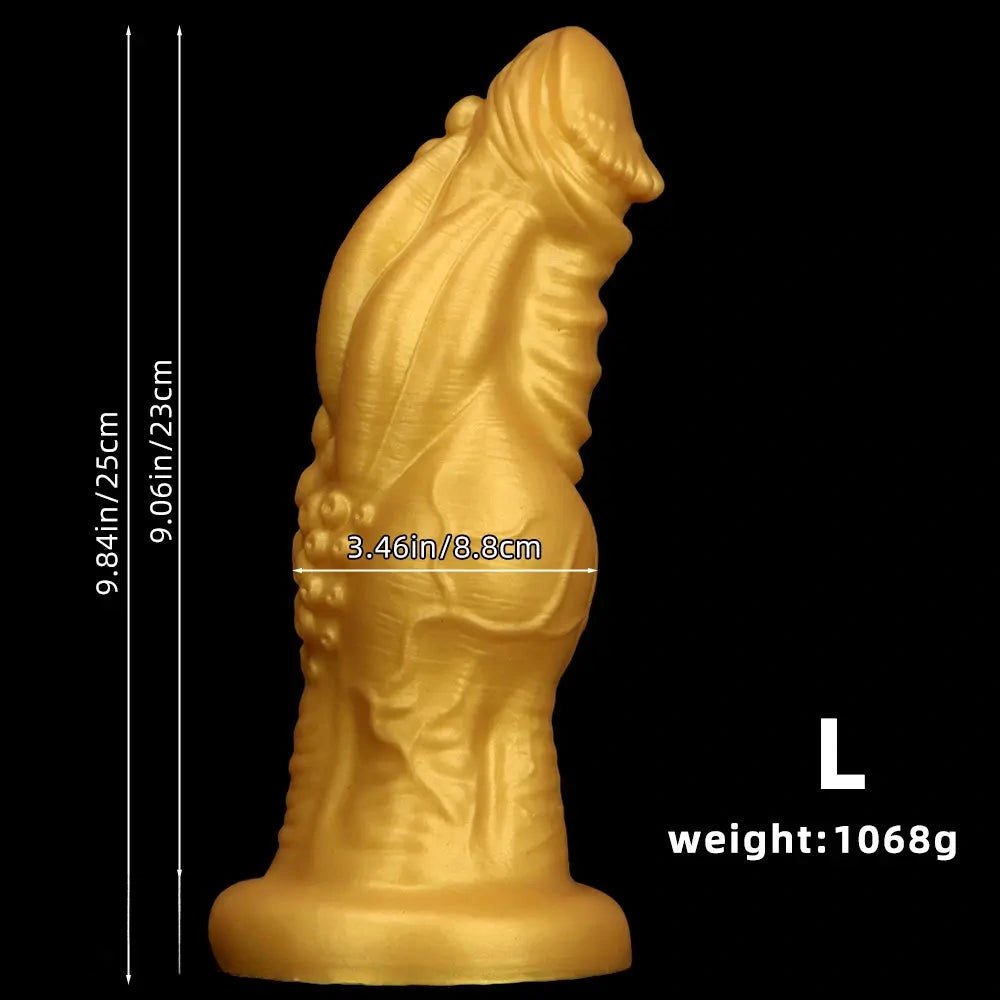 Gold ribbed silicone fantasy dildo, photo 12