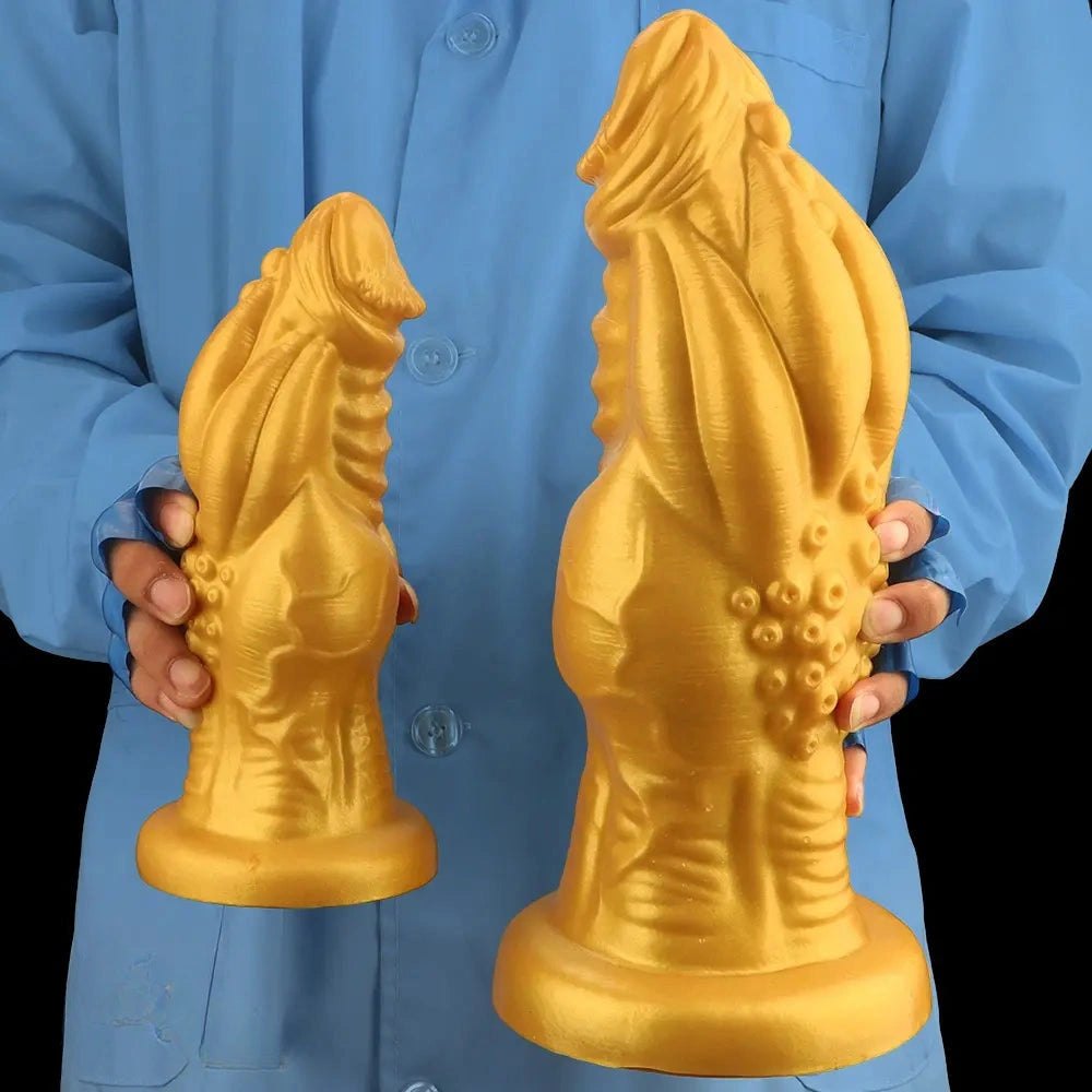 Gold ribbed silicone fantasy dildo, photo 14