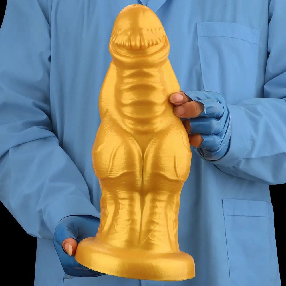 Gold ribbed silicone fantasy dildo, photo 15
