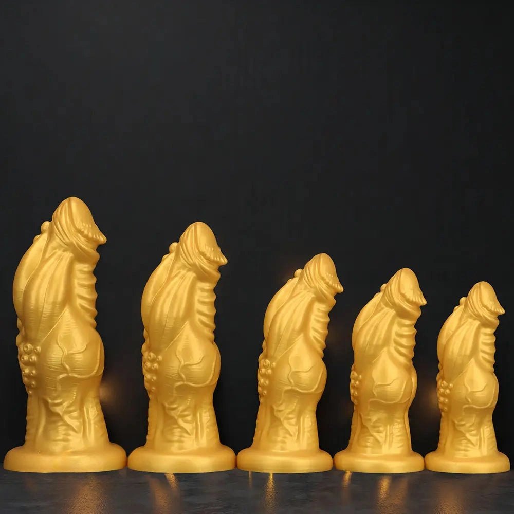 Gold ribbed silicone fantasy dildo, photo 2