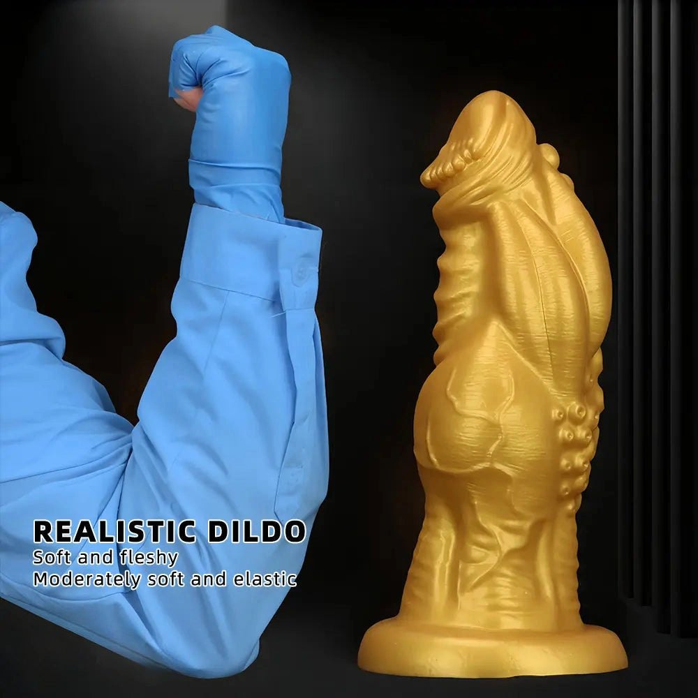 Gold ribbed silicone fantasy dildo, photo 3