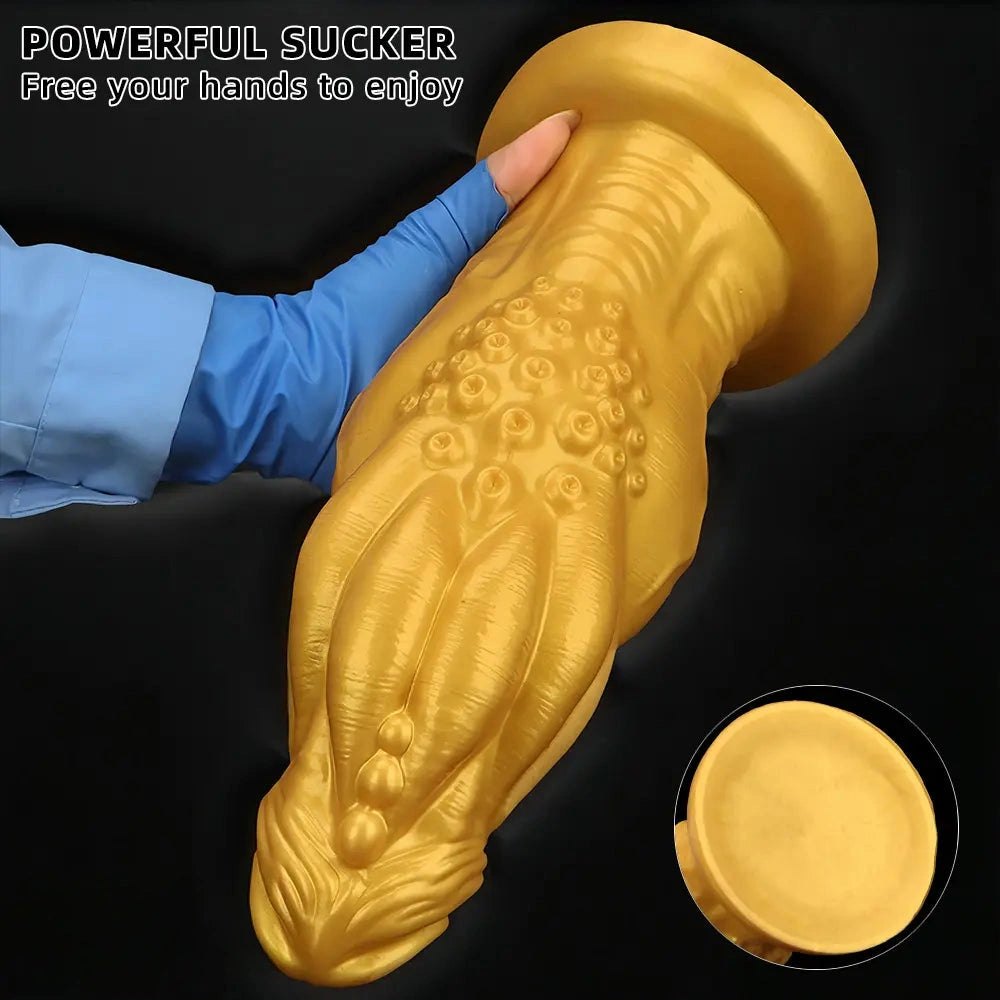 Gold ribbed silicone fantasy dildo, photo 4