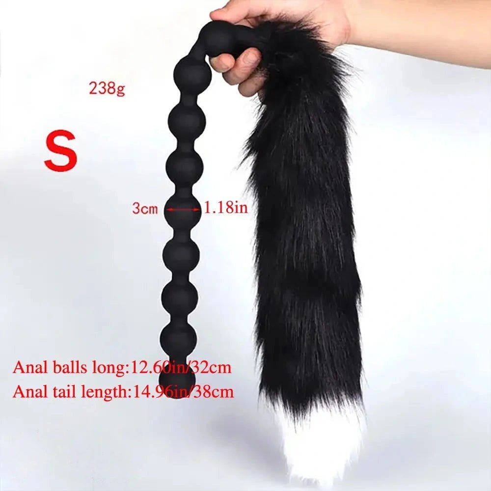 Black fox tail silicone anal beads plug