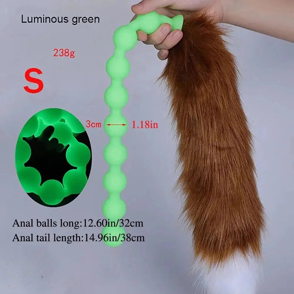 Green fox tail silicone anal beads plug