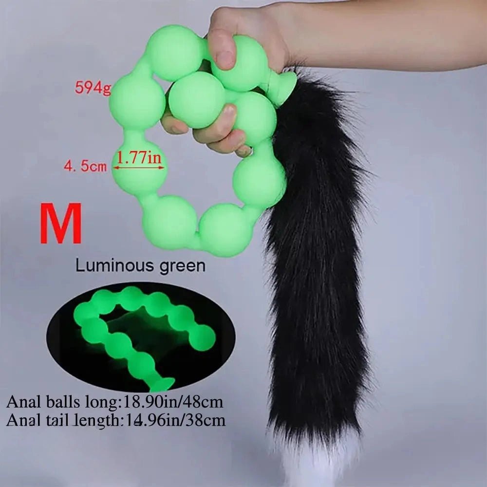 Green fox tail silicone anal beads plug