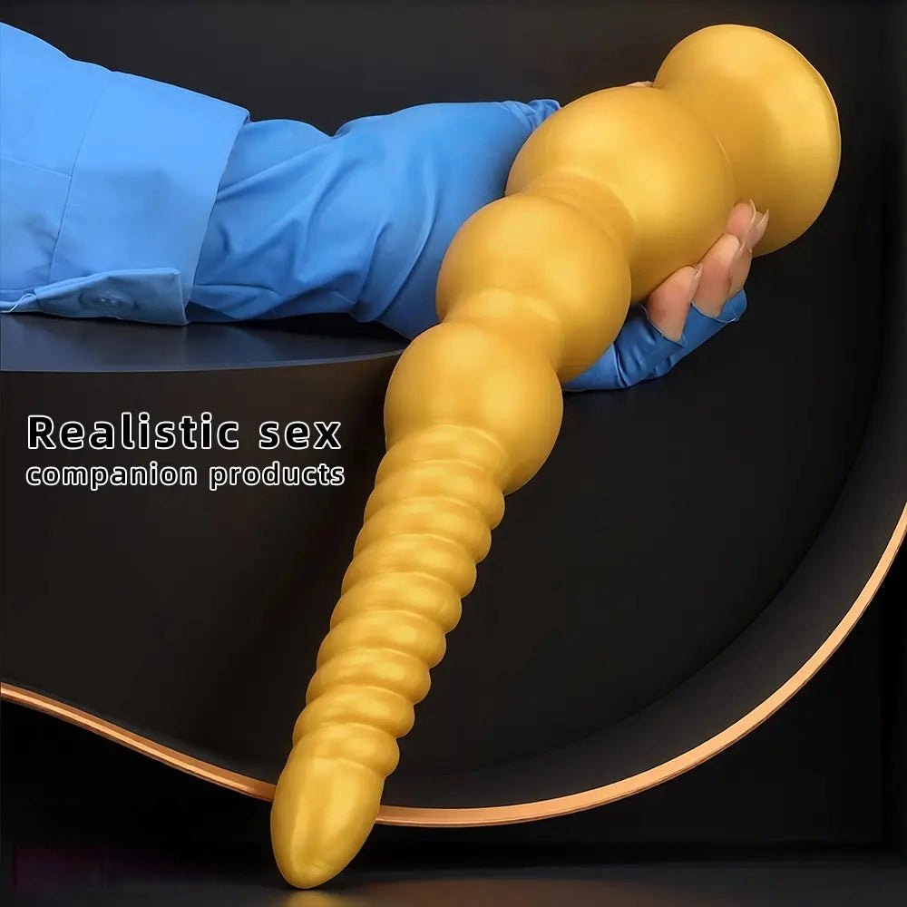 Gold ribbed silicone anal dildo, photo 3