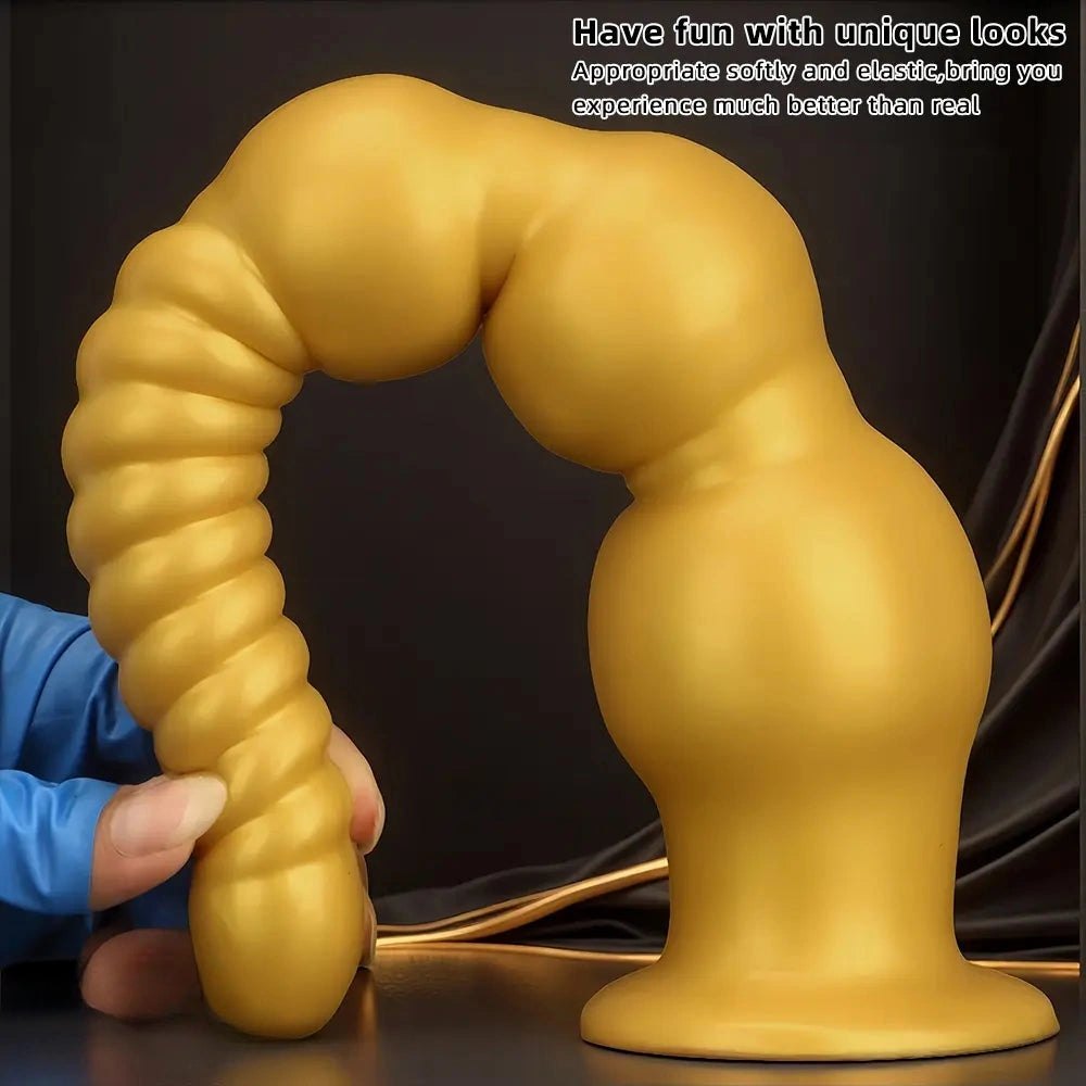 Gold ribbed silicone anal dildo, photo 4