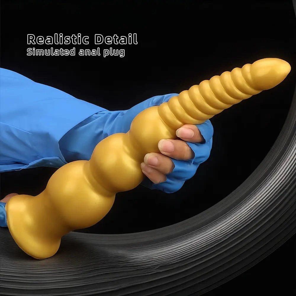 Gold ribbed silicone anal dildo, photo 6
