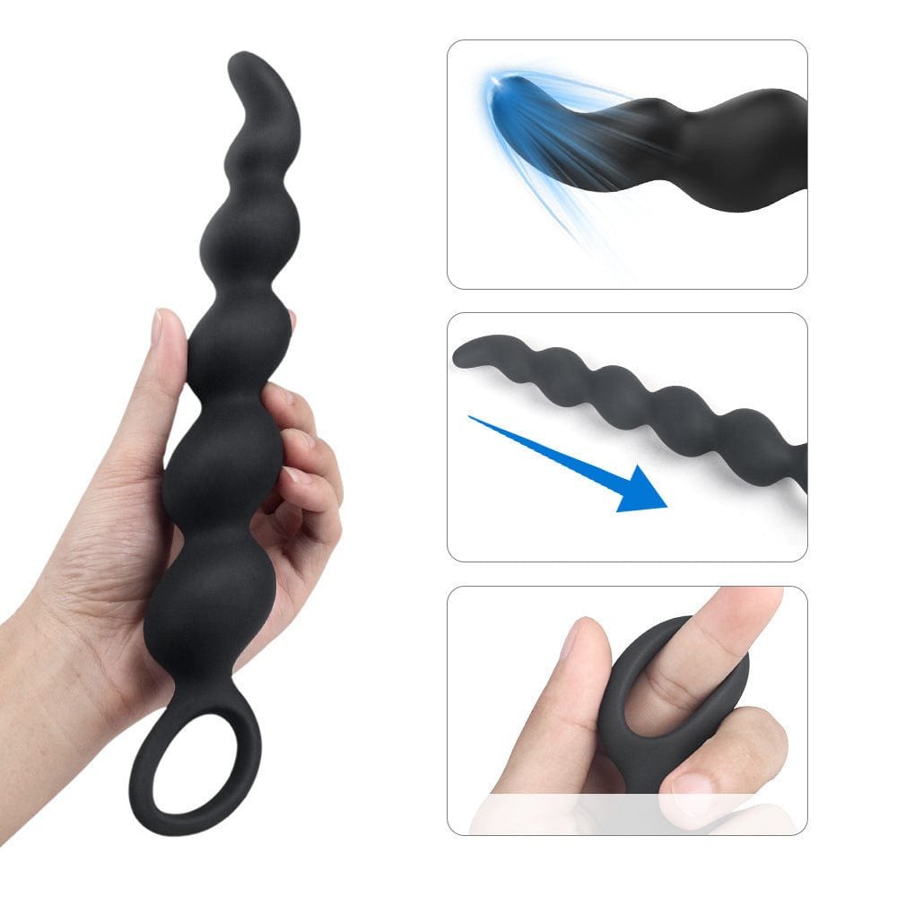Black silicone graduated anal beads with pull ring, photo 1