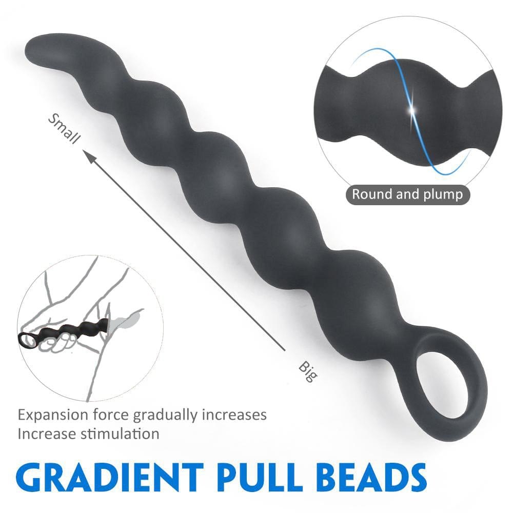 Black silicone graduated anal beads with pull ring, photo 2