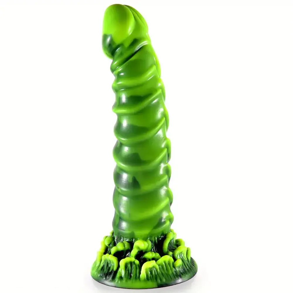 Green ribbed silicone dildo, photo 1