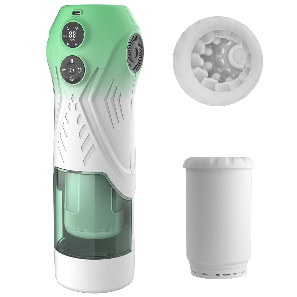 Green rotating telescopic male masturbator, photo 1