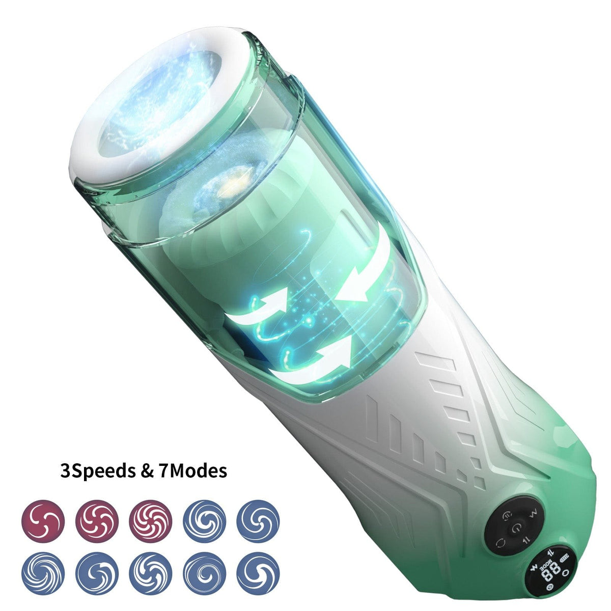 Green rotating telescopic male masturbator, photo 11