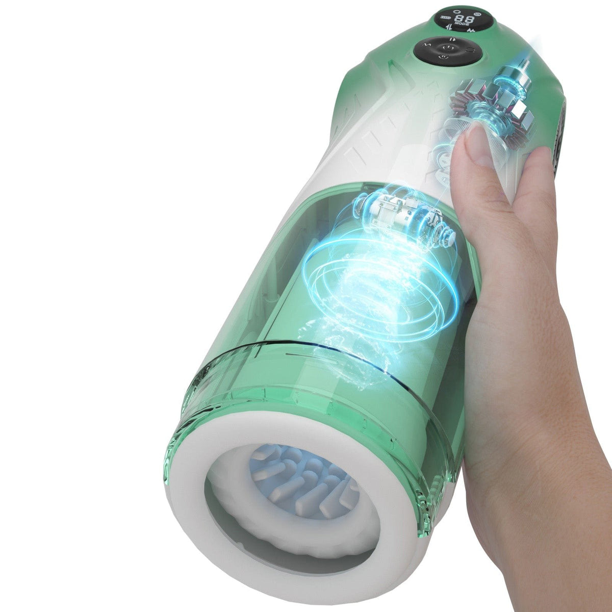 Green rotating telescopic male masturbator, photo 8