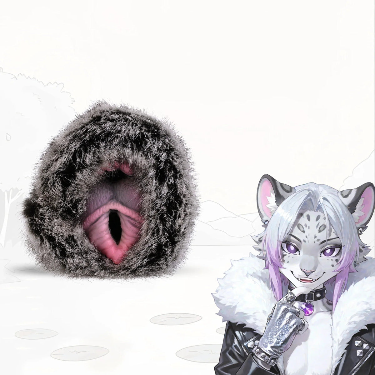 Grey leopard plush furry masturbator with dual ribbed entry, photo 1