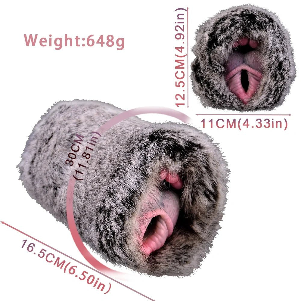 Grey leopard plush furry masturbator with dual ribbed entry, photo 10