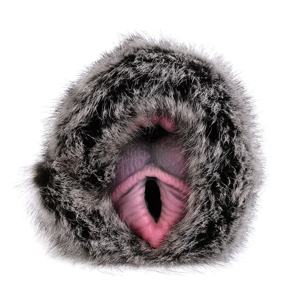 Grey leopard plush furry masturbator with dual ribbed entry, photo 2