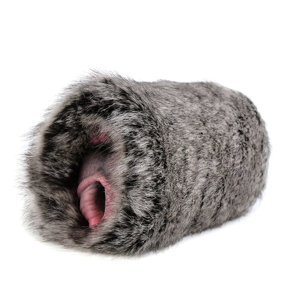 Grey leopard plush furry masturbator with dual ribbed entry, photo 3