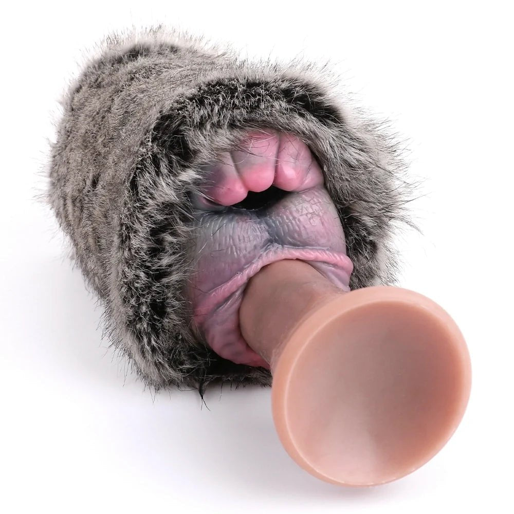 Grey leopard plush furry masturbator with dual ribbed entry, photo 4
