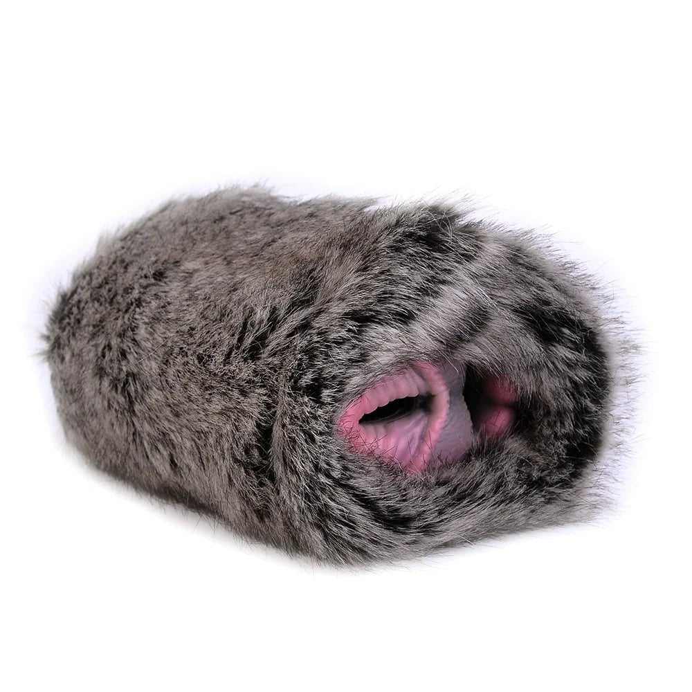 Grey leopard plush furry masturbator with dual ribbed entry, photo 5
