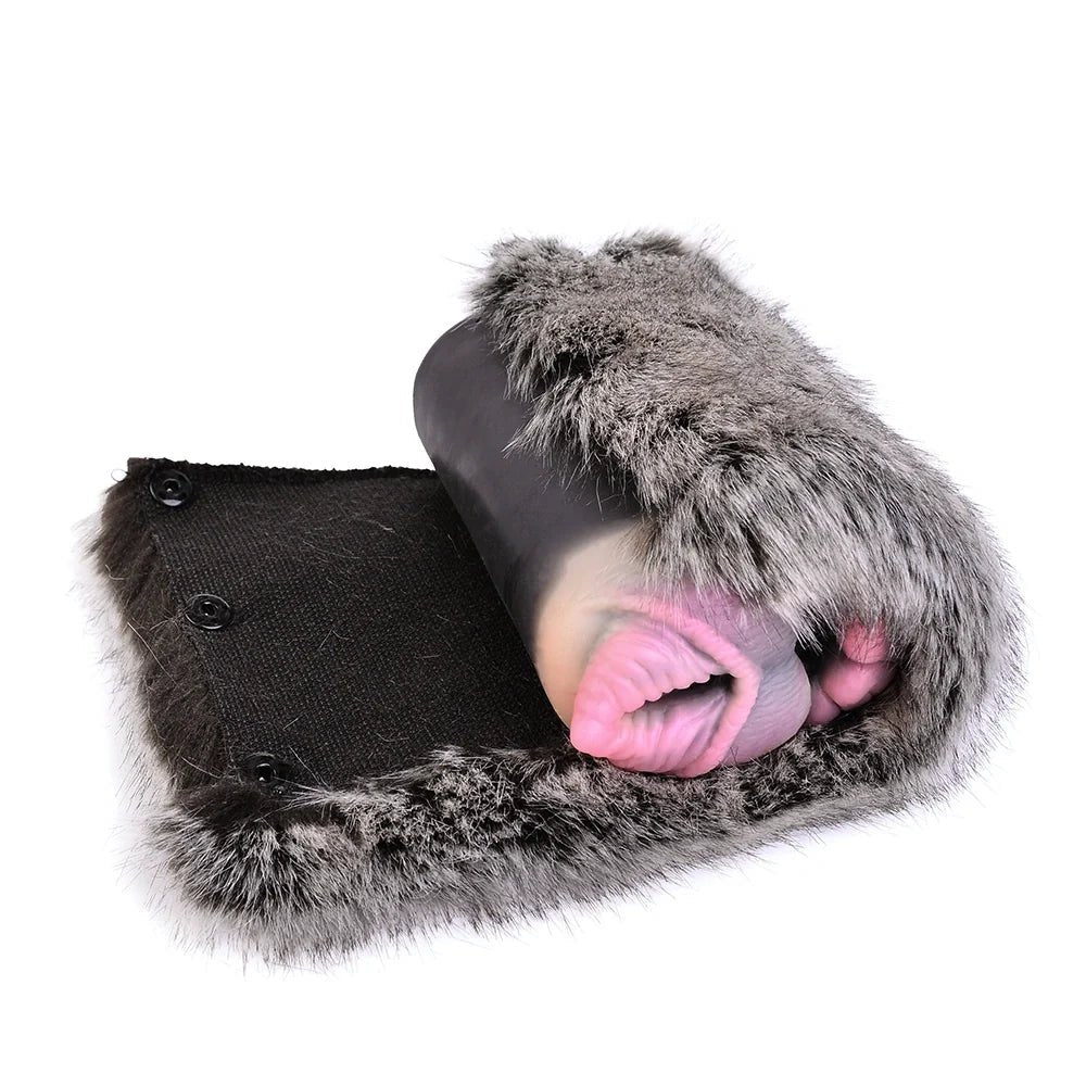 Grey leopard plush furry masturbator with dual ribbed entry, photo 7