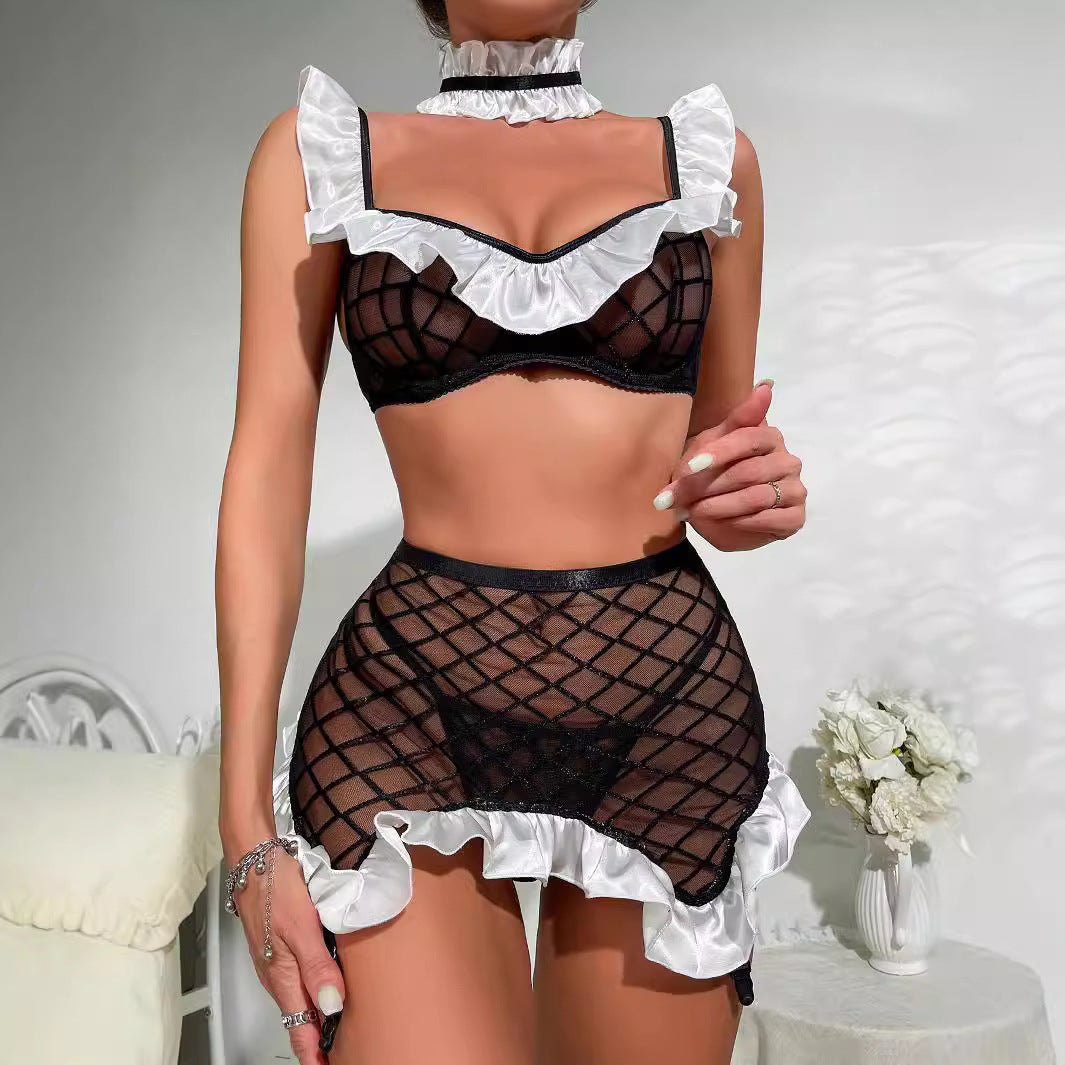 Black grid mesh maid roleplay costume set