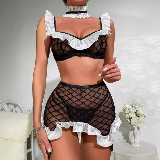 Black grid mesh maid roleplay costume set