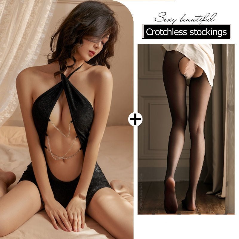 Black & Crotchless Stockings halter chain bikini lingerie