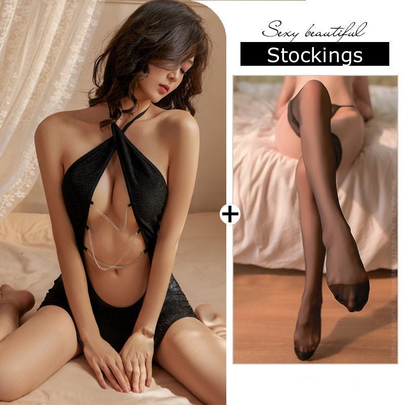 Black & Stockings halter chain bikini lingerie