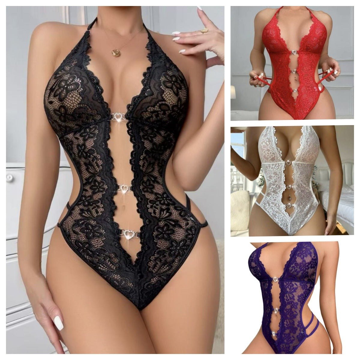 Halter rhinestone lace slim fit teddy dress, photo 11