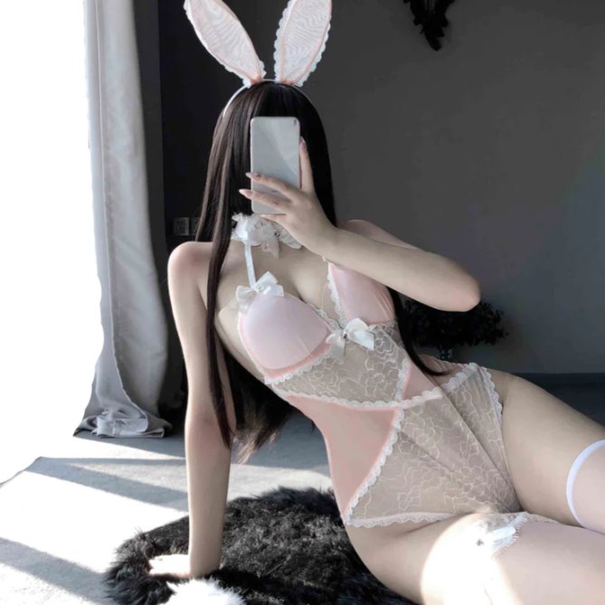 Pink + Stockings halter ruffled bunny girl lace bodysuit