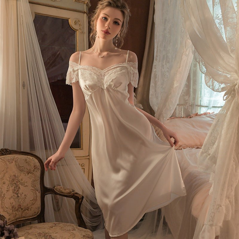 White halter satin lace long chemise nightgown