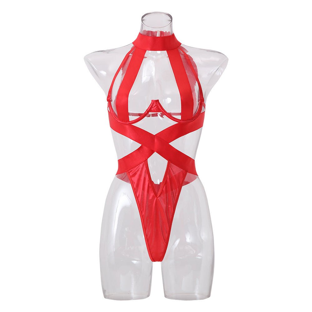 Red halter steel ring bra jumpsuit bodysuit