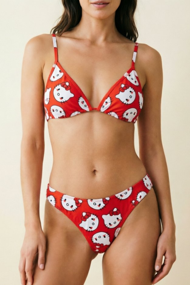 Red halter tie triangle print bikini swimsuit