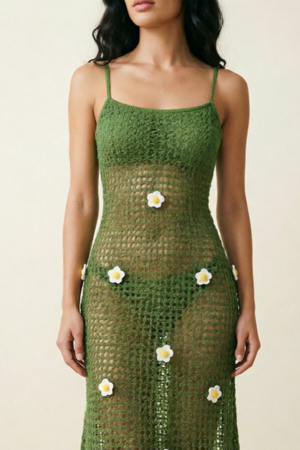 Green hand crochet strap split beach dress