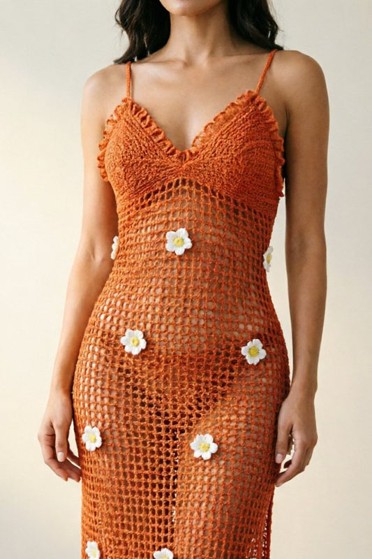 Orange hand crochet strap split beach dress