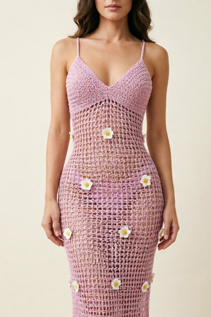 Pink hand crochet strap split beach dress