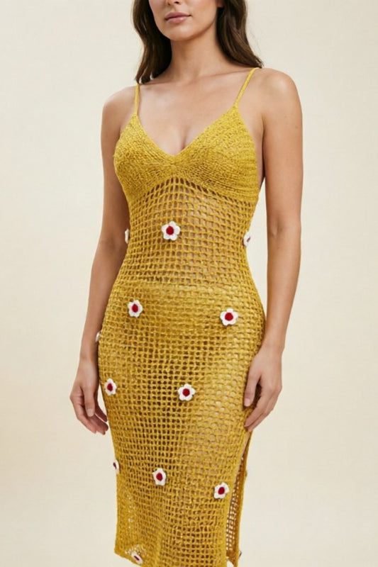 Yellow hand crochet strap split beach dress