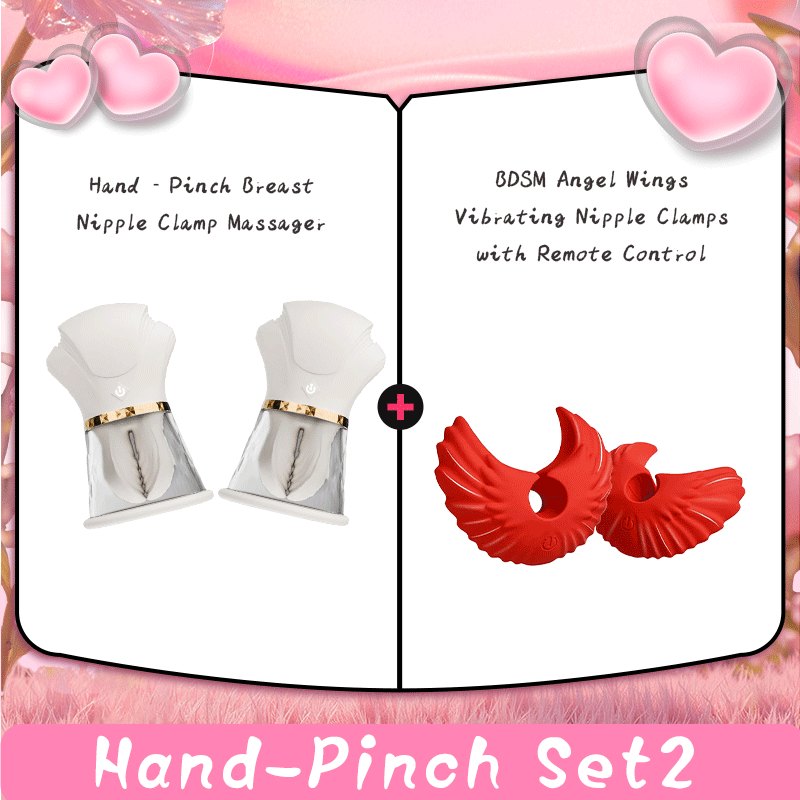 White hand-shaped nipple massager and red wing clamp set, photo 1