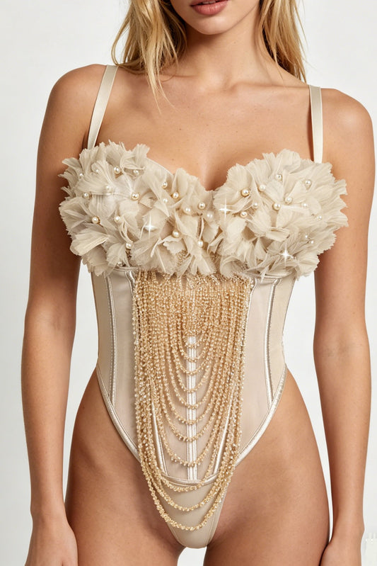 Apricot handmade flower tassel backless sling corset