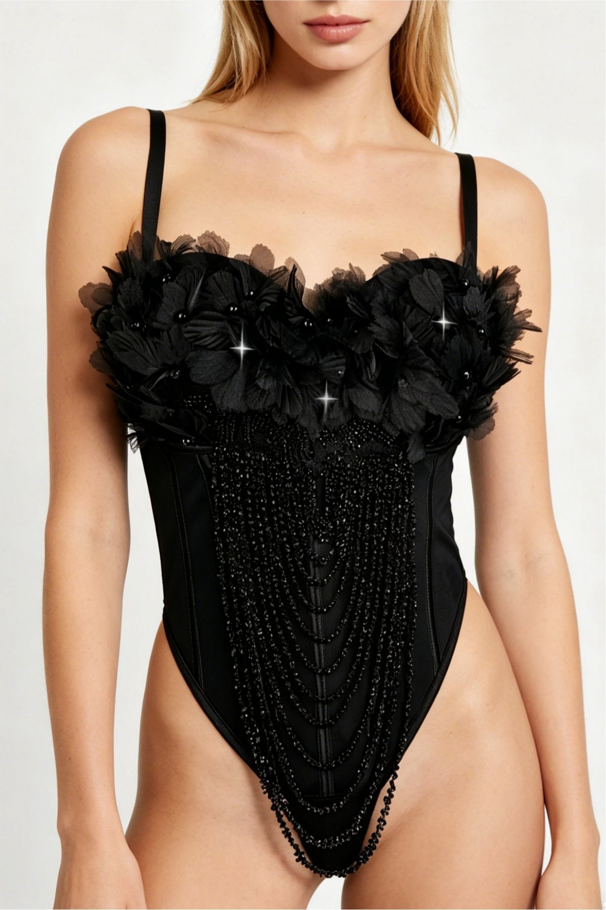 Black handmade flower tassel backless sling corset