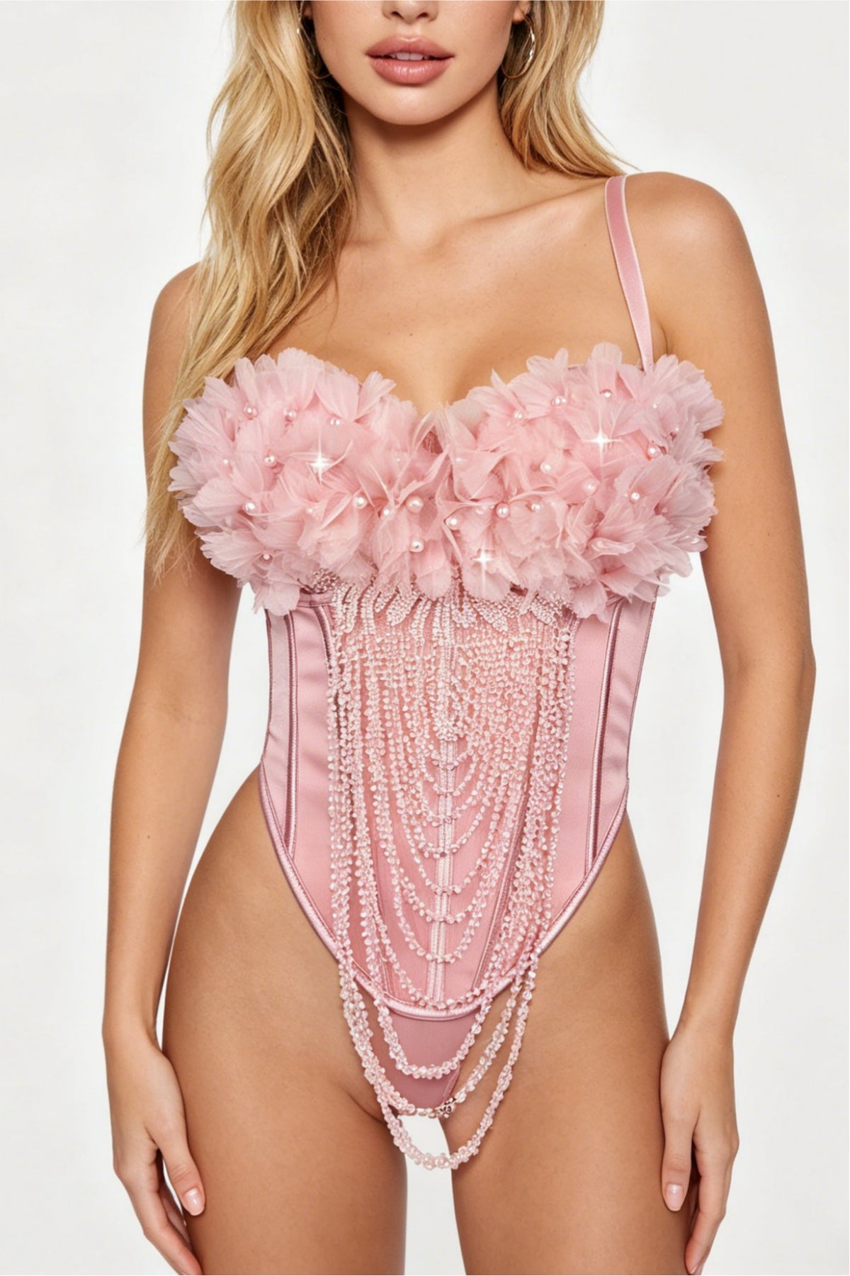 Pink handmade flower tassel backless sling corset