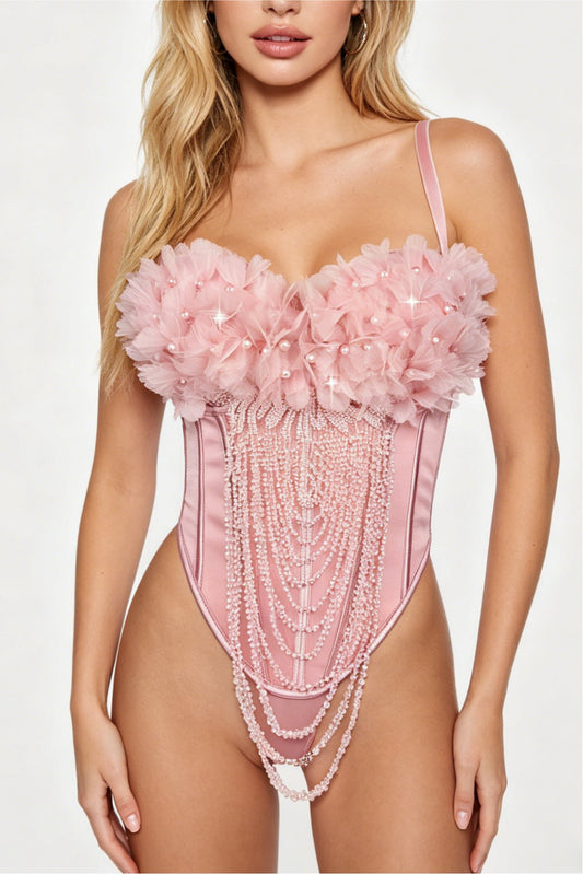 Pink handmade flower tassel backless sling corset