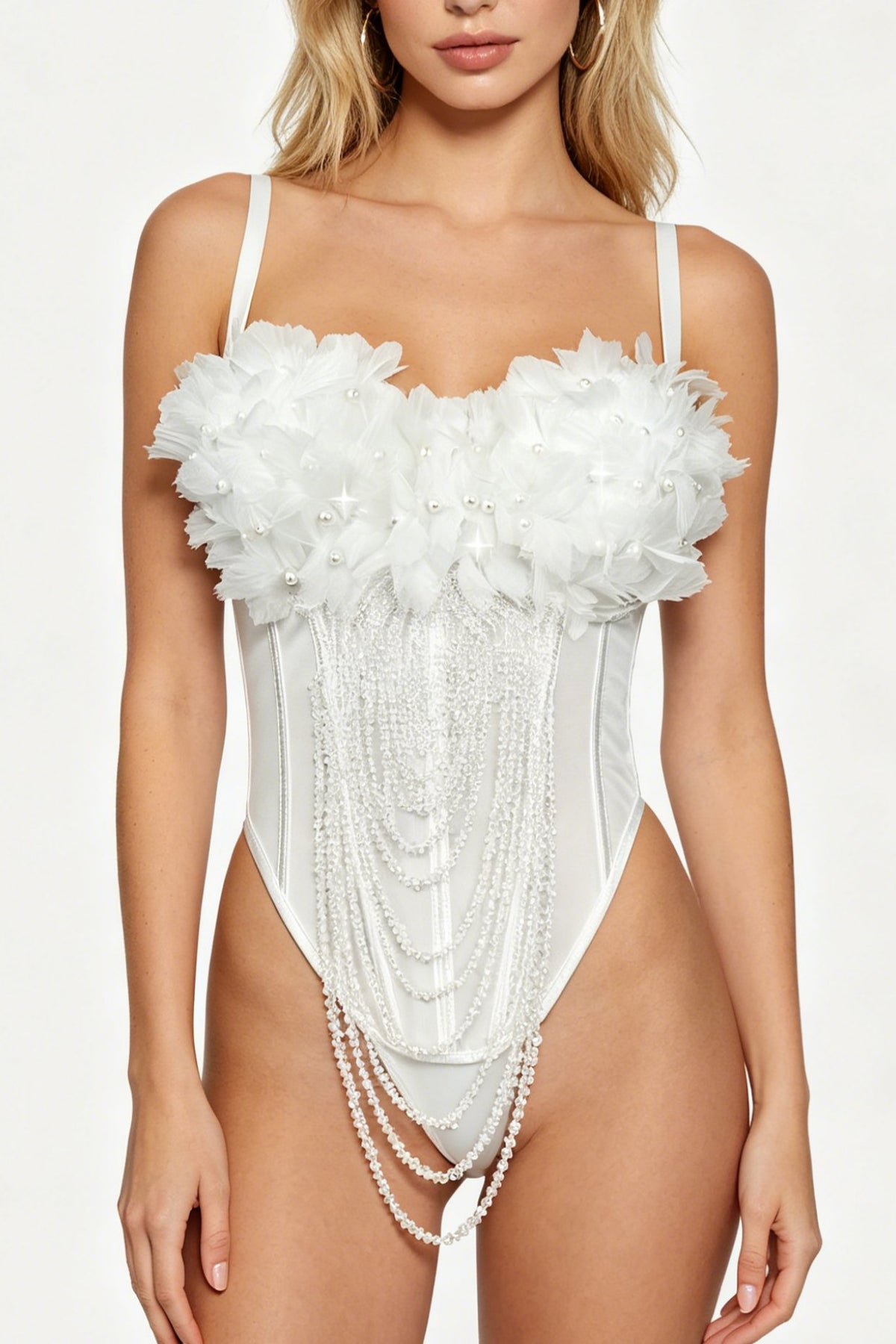 White handmade flower tassel backless sling corset