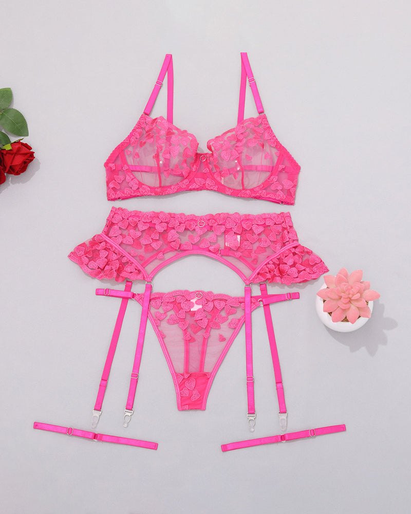 Heart applique pink mesh garter belt set, photo 6